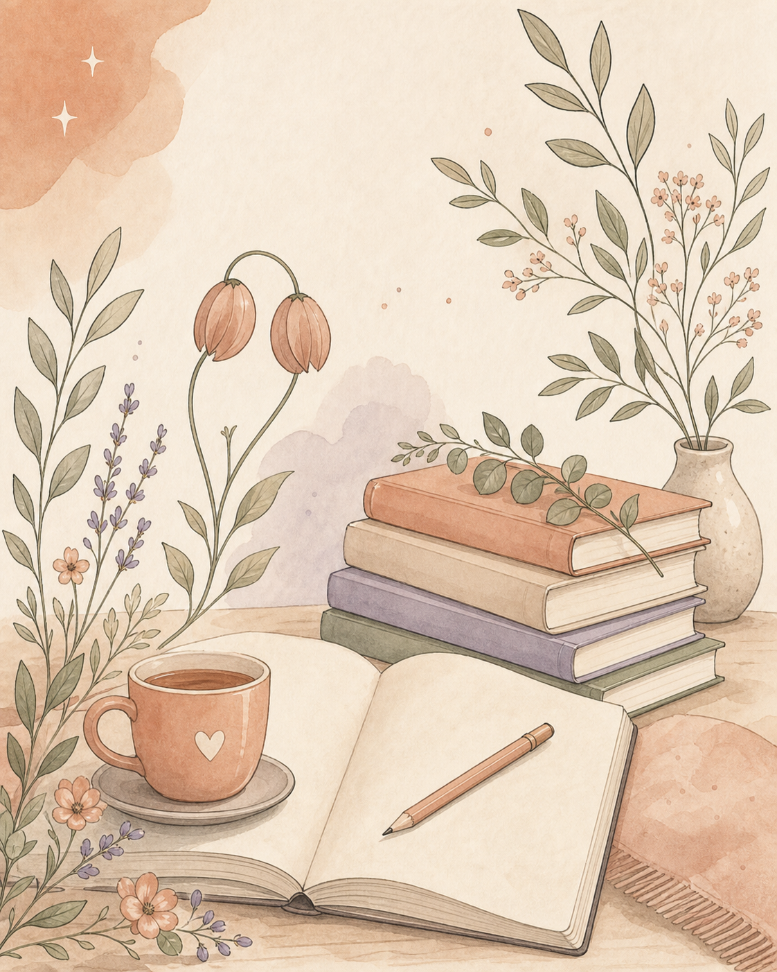 A gentle watercolour writing desk with an open notebook, books, tea, flowers, and two matching buds
