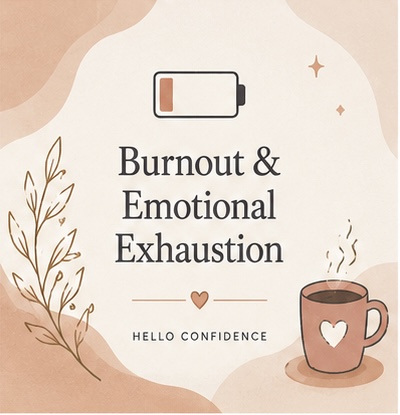 Burnout and Emotional Exhaustion—illustrated low battery, warm cup, and botanical branch