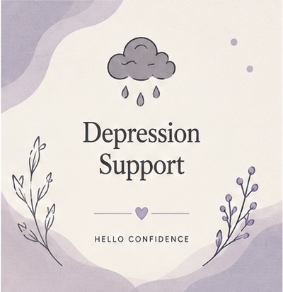 Depression Support—an illustrated rain cloud framed by lavender botanical branches
