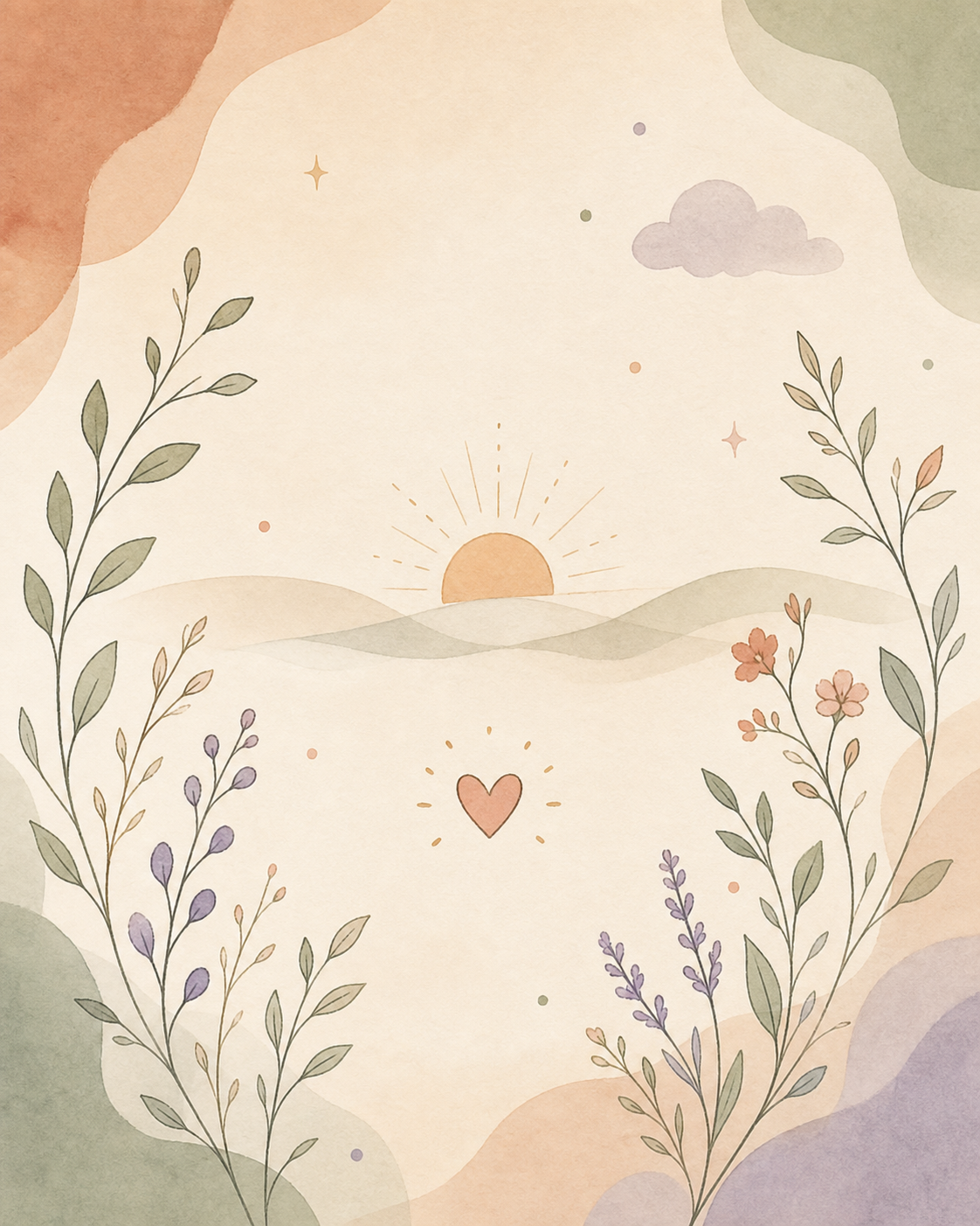 A gentle watercolour sunrise framed by botanical branches, flowers, and a small heart